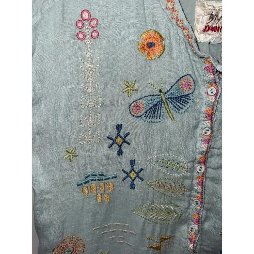 Johnny Was Biya Elektra Dress Embroidered Floral Linen Button Front Sz M Blue - Picture 5 of 11